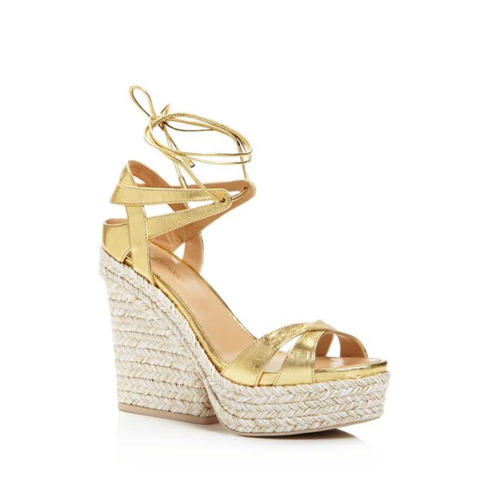 SERGIO ROSSI Womens Crash Gold Beige 4-1/2" Wedge Bilbao Platform Shoes 38.5 - Picture 1 of 3